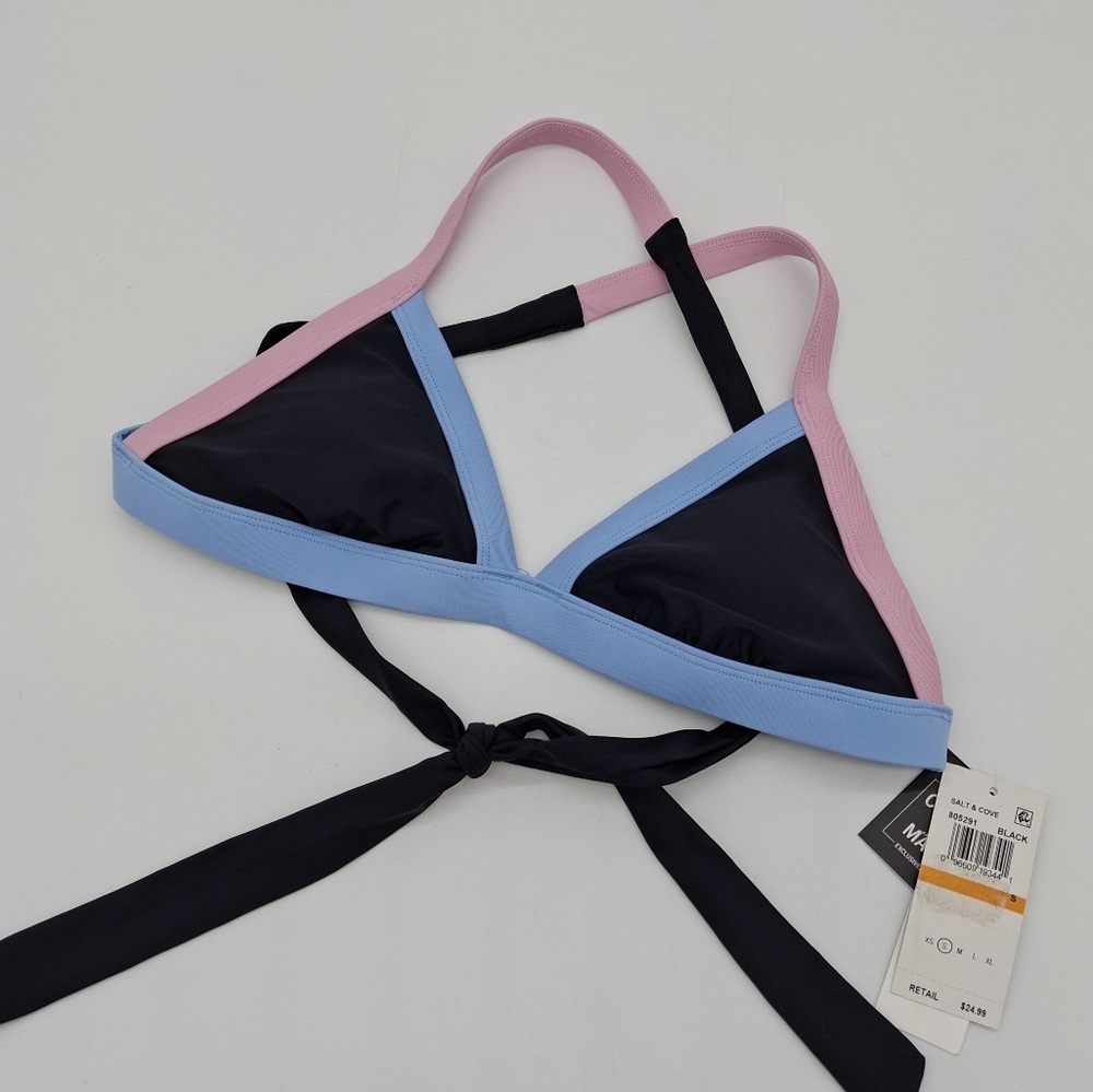 Salt + Cove Contrast-Trim Triangle Bikini Top Black S